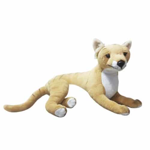 Theo the 40cm Tasmanian Tiger plush toy in a lying position, featuring soft hand-airbrushed fur and eco-friendly recycled stuffing.