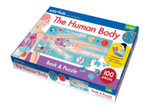 Educational kids activity pack featuring a 100-piece human body jigsaw puzzle and a 16-page book with fun facts and illustrations for interactive learning.