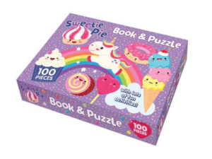 Kids activity pack with a 100-piece jigsaw puzzle and a colourful activity book featuring sweet-themed illustrations, perfect for creative play and learning.