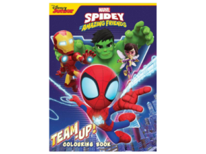 Spidey Amazing Friends colouring book with 32 pages featuring superheroes and villains for kids to colour.