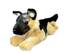 Realistic 33cm German Shepherd plush toy named Boss, lying down with soft black-and-tan fur, designed for comfort and emotional support.