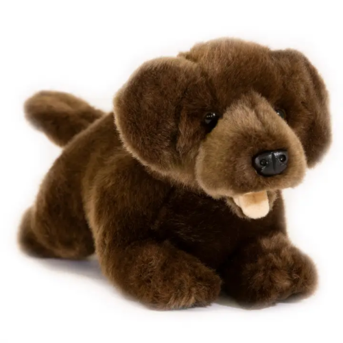Chocolate labrador plush toy named Coco, lying down with soft fur and realistic features, designed as a comforting companion for kids or adults.