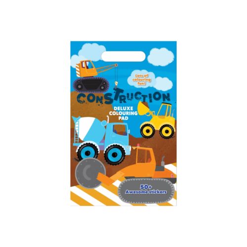 A4 Deluxe Colouring Pad featuring construction vehicle illustrations, perfect for kids to colour and develop creativity. Includes over 50 themed stickers and a portable die-cut handle.