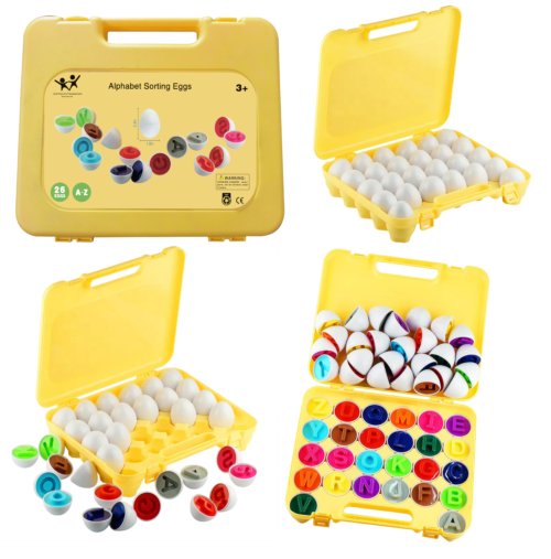 Alphabet Sorting Eggs – A fun and interactive letter-matching toy for kids. Includes 26 colorful eggs with uppercase and lowercase letters, stored in a yellow carrying case. Ideal for early learning and special needs education.