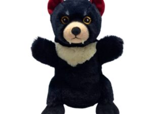 Tazzy the Tasmanian Devil Puppet 25cm – a soft, eco-printed plush puppet with realistic details, featuring black fur, red ears, and a white chest patch. Perfect for storytelling, playtime, and cuddles.